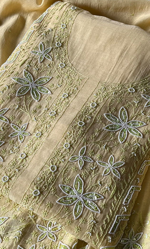 Women's Lakhnavi Handcrafted Mul Chanderi Unstitched Kurta And Dupatta Set - HONC0302256