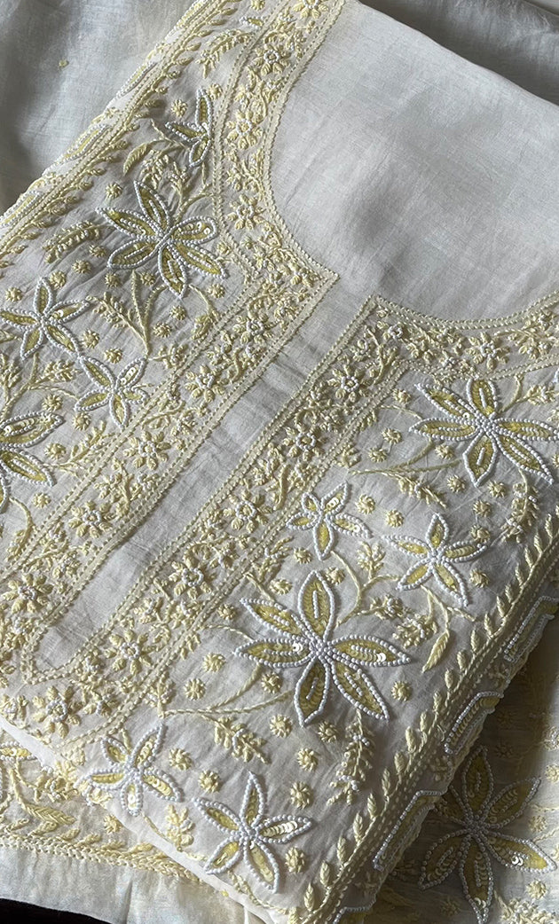 Women's Lakhnavi Handcrafted Mul Chanderi Unstitched Kurta And Dupatta Set - HONC0300412