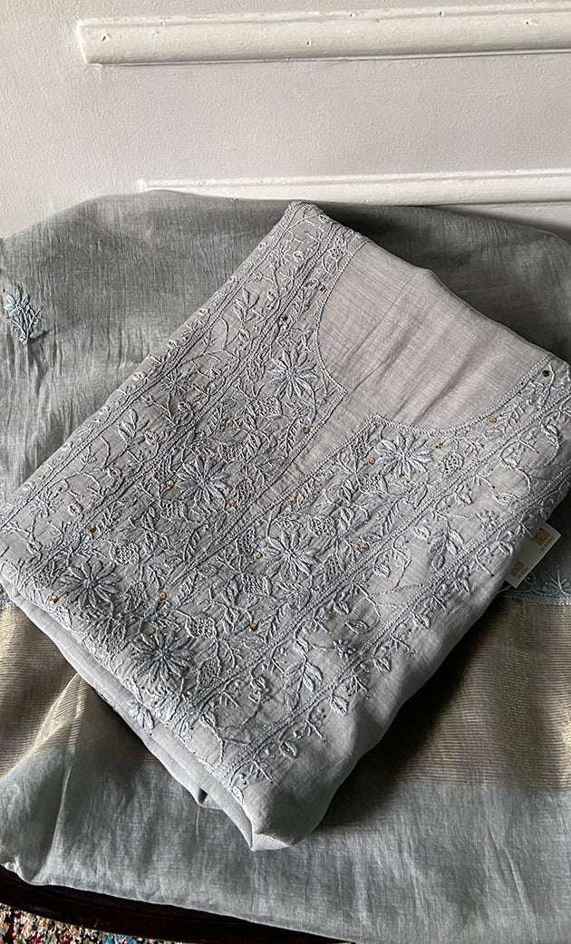 Women's Lakhnavi Handcrafted Mul Chanderi Unstitched Chikankari Full Suit Material - HONC0324473