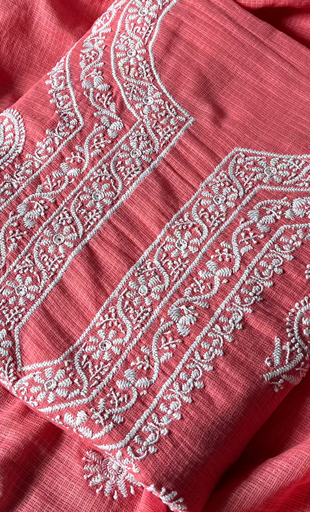 Women's Lucknowi Handcrafted Kota Cotton Chikankari Unstitched Kurta And Dupatta Set - HONC0312648