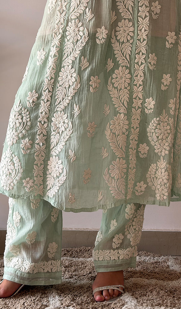 Women's Lucknowi Handcrafted Mul Chanderi Stitched Chikankari Kurta And Plazzo Set- HONC0378796