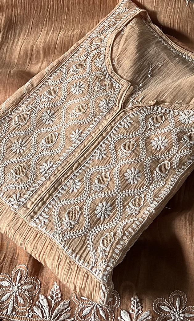 Izana Women's Lakhnavi Handcrafted Mul Chanderi Semi - stitched Chikankari Full Suit Material - HONC0333498