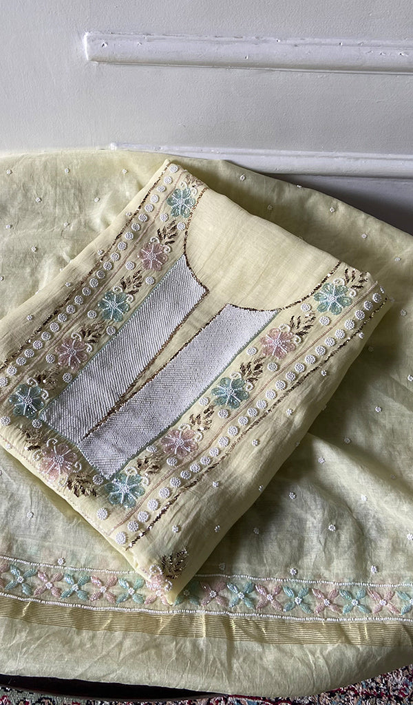 Nitara Women's Lakhnavi Handcrafted Mul Chanderi Unstitched Chikankari Full Suit Material - HONC0365830