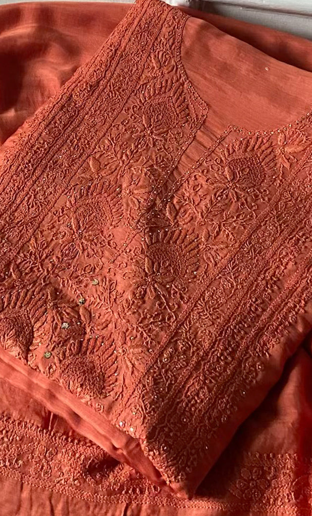 Women's Lucknowi Handcrafted Muslin Chikankari Unstitched Suit Material - HONC0258337