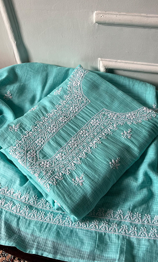 Women's Lucknowi Handcrafted Kota Cotton Chikankari Unstitched Kurta And Dupatta Set - HONC0336030