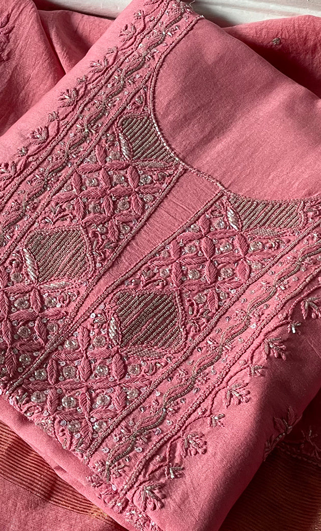 Women's Lakhnavi Handcrafted Chanderi Silk Unstitched Chikankari Kurta And Dupatta Set - HONC0307156
