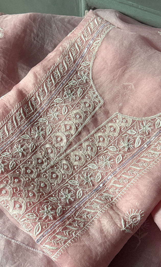 Women's Lakhnavi Handcrafted Pure Organza Chikankari Unstitched Kurta And Dupatta Set- HONC0303192