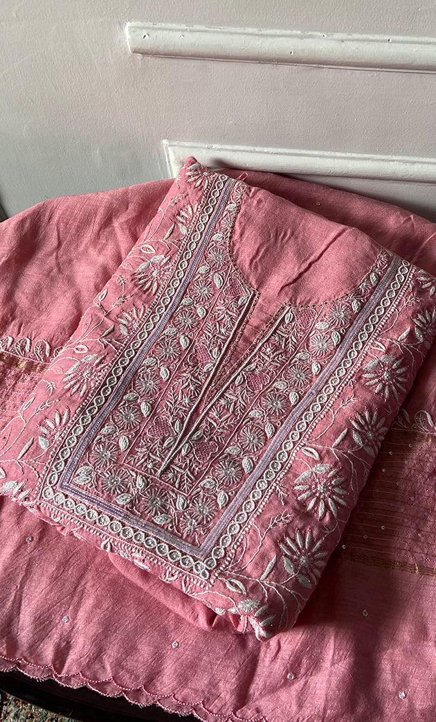 Women's Lakhnavi Handcrafted Unstitched Munga Silk Chikankari Kurta And Dupatta Set- HONC0278879