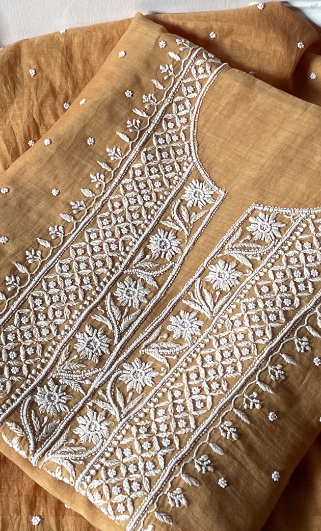 Women's Lakhnavi Handcrafted Mul Chanderi Unstitched Chikankari Full Suit Material - HONC0305480