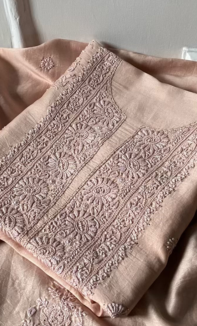 Women's Lakhnavi Handcrafted Chanderi Silk  Unstitched  Chikankari Kurta And Dupatta Set - HONC0290030