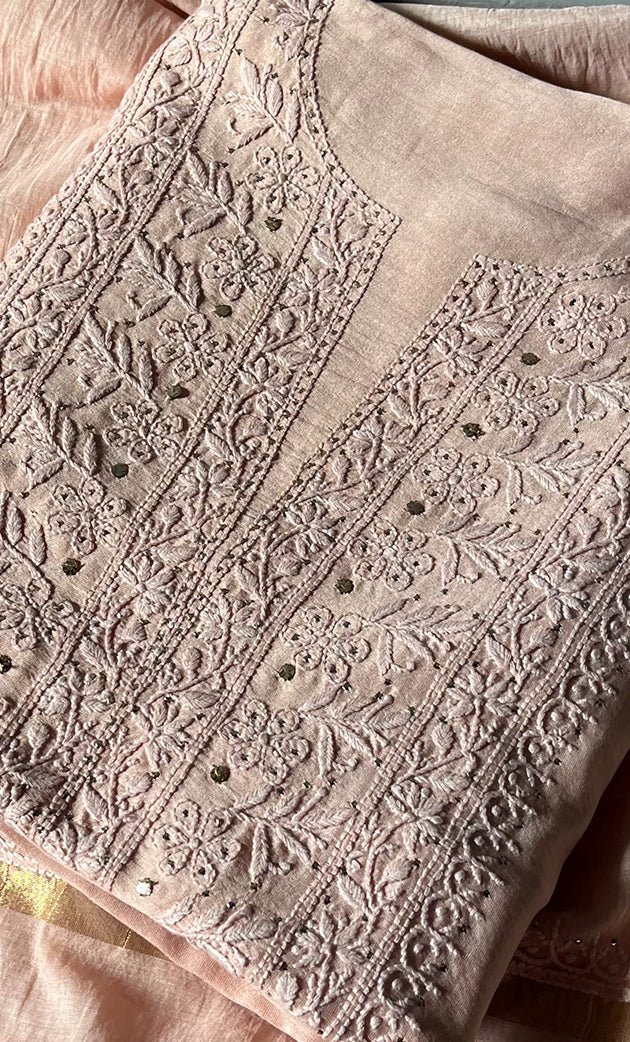 Women's Lucknowi Handcrafted Chanderi Silk Unstitched Chikankari Full Suit Material - HONC0287068