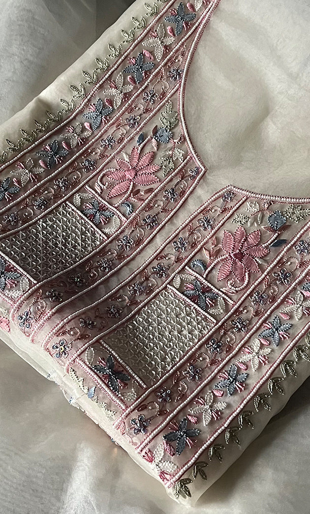 Women's Lakhnavi Handcrafted Pure Organza Chikankari Unstitched Kurta And Dupatta Set- HONC0309244