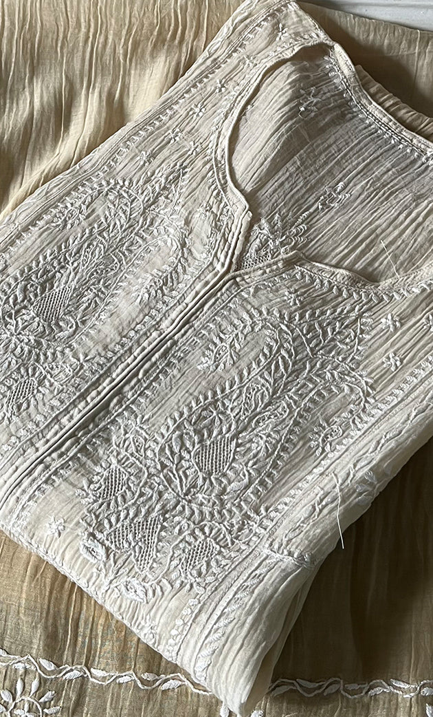 Izana Women's Lakhnavi Handcrafted Mul Chanderi Semi - stitched Chikankari Full Suit Material - HONC0333506