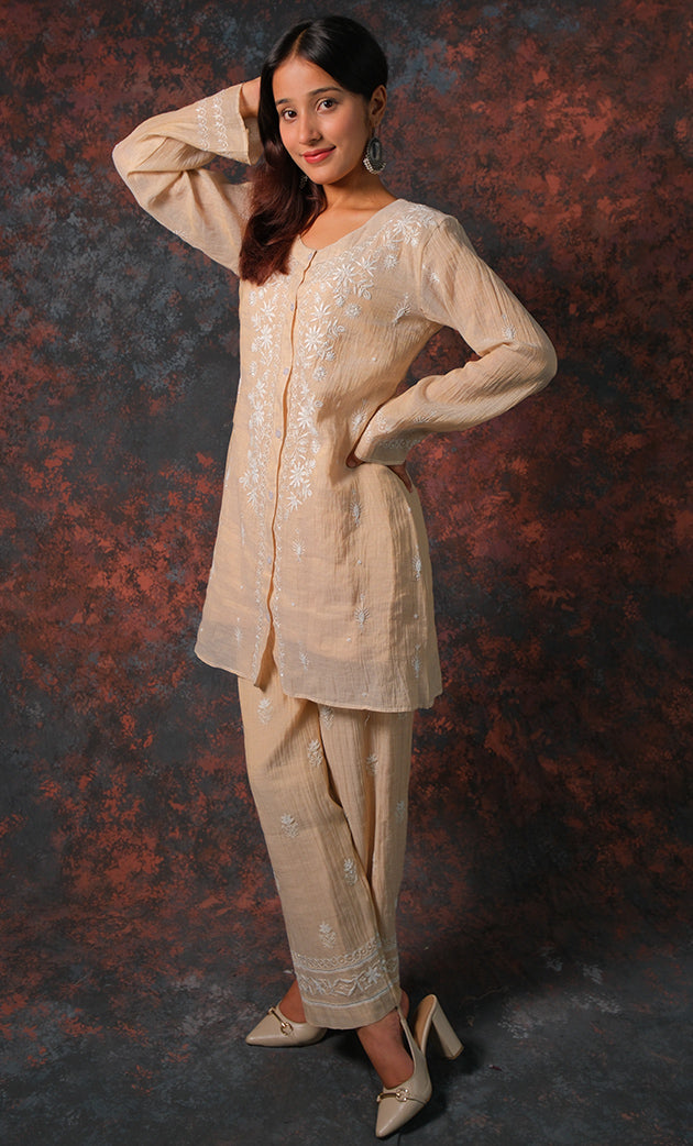 Women's Lakhnavi Handcrafted Tissue chanderi Chikankari Kurta And palazzo Set - HONC0322040