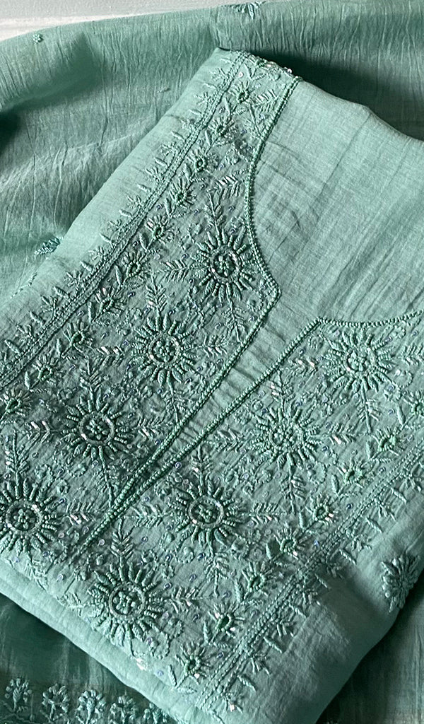 Women's Lakhnavi Handcrafted Mul Chanderi Unstitched Chikankari Full Suit Material - HONC0345050