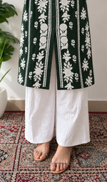 Women's Lucknowi Handcrafted Dark Green Linen Cotton Chikankari Kurti - HONC011149