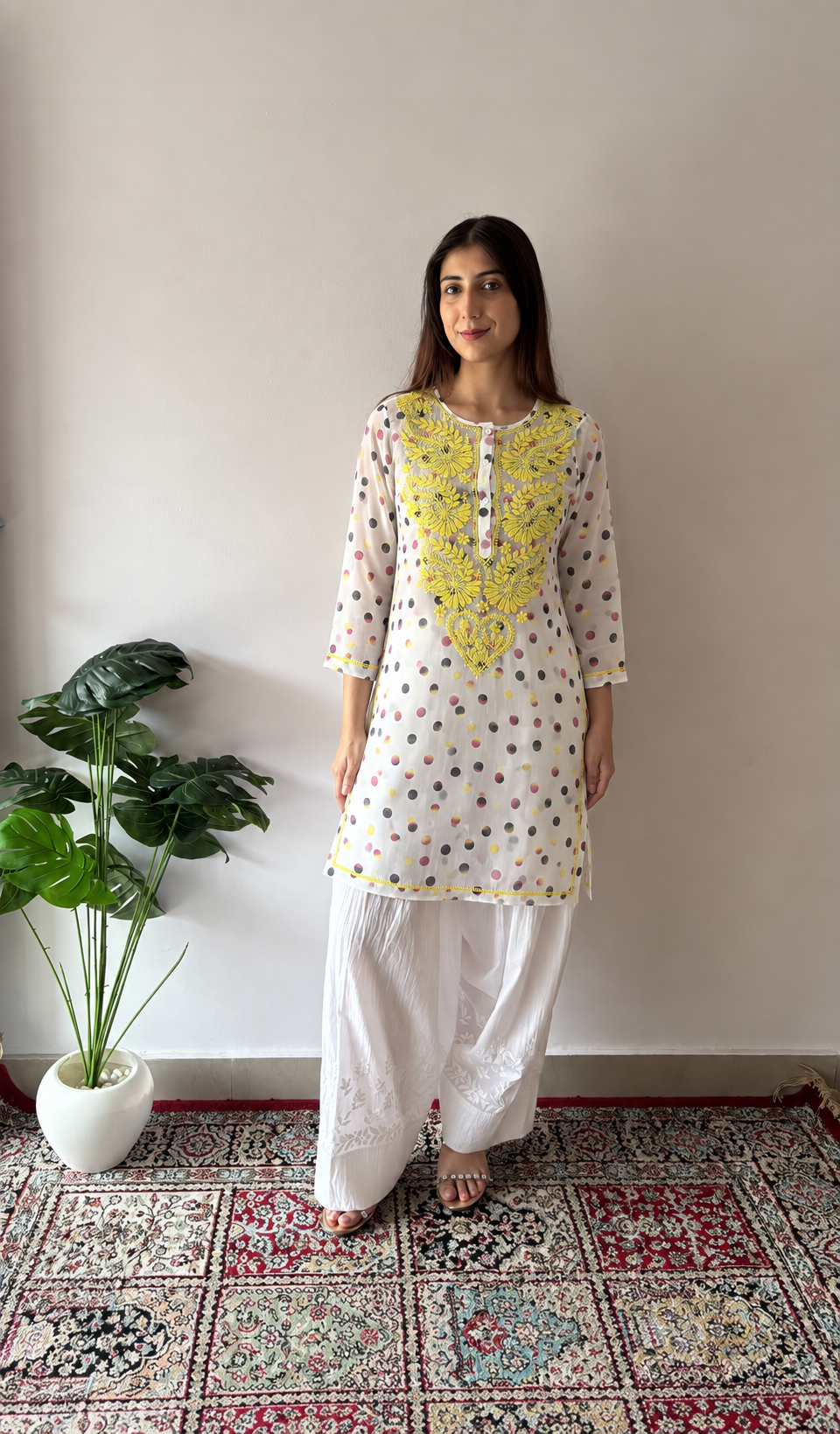 Women's Lucknowi Handcrafted Chiffon Chikankari Kurti- HONC056324