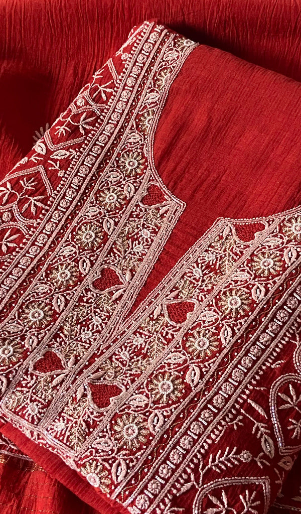 Women's Lakhnavi Handcrafted Maheshwari Mul Chanderi Unstitched Kurta And Dupatta Set - HONC0330509