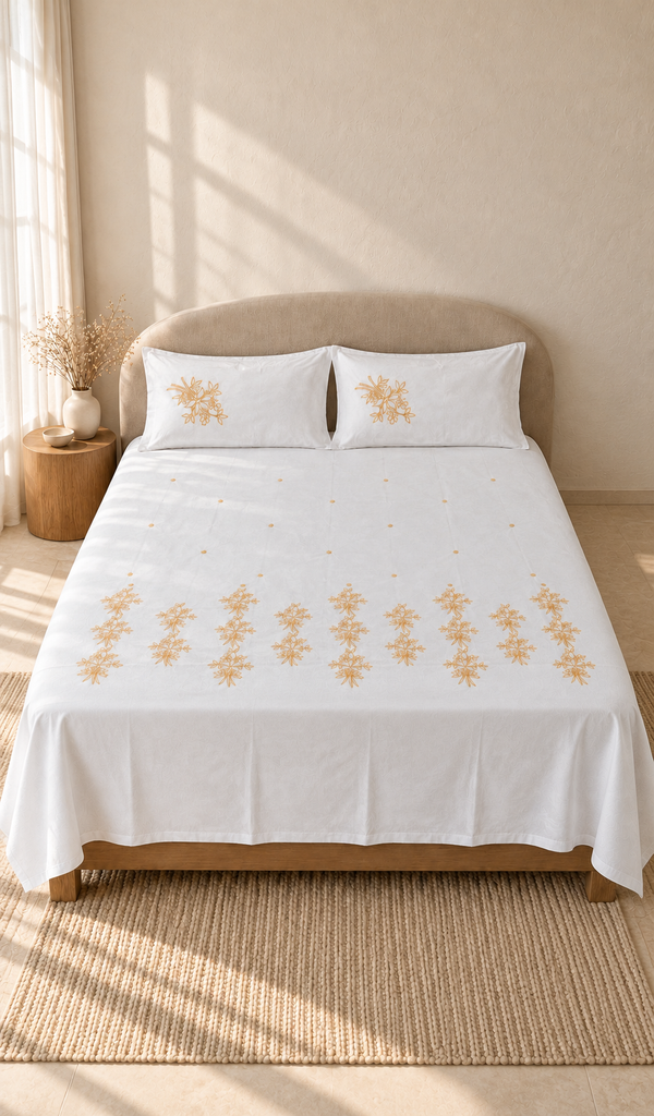 Lakhnavi Handcrafted Cotton Chikankari Bedsheet Set - HONC03945370