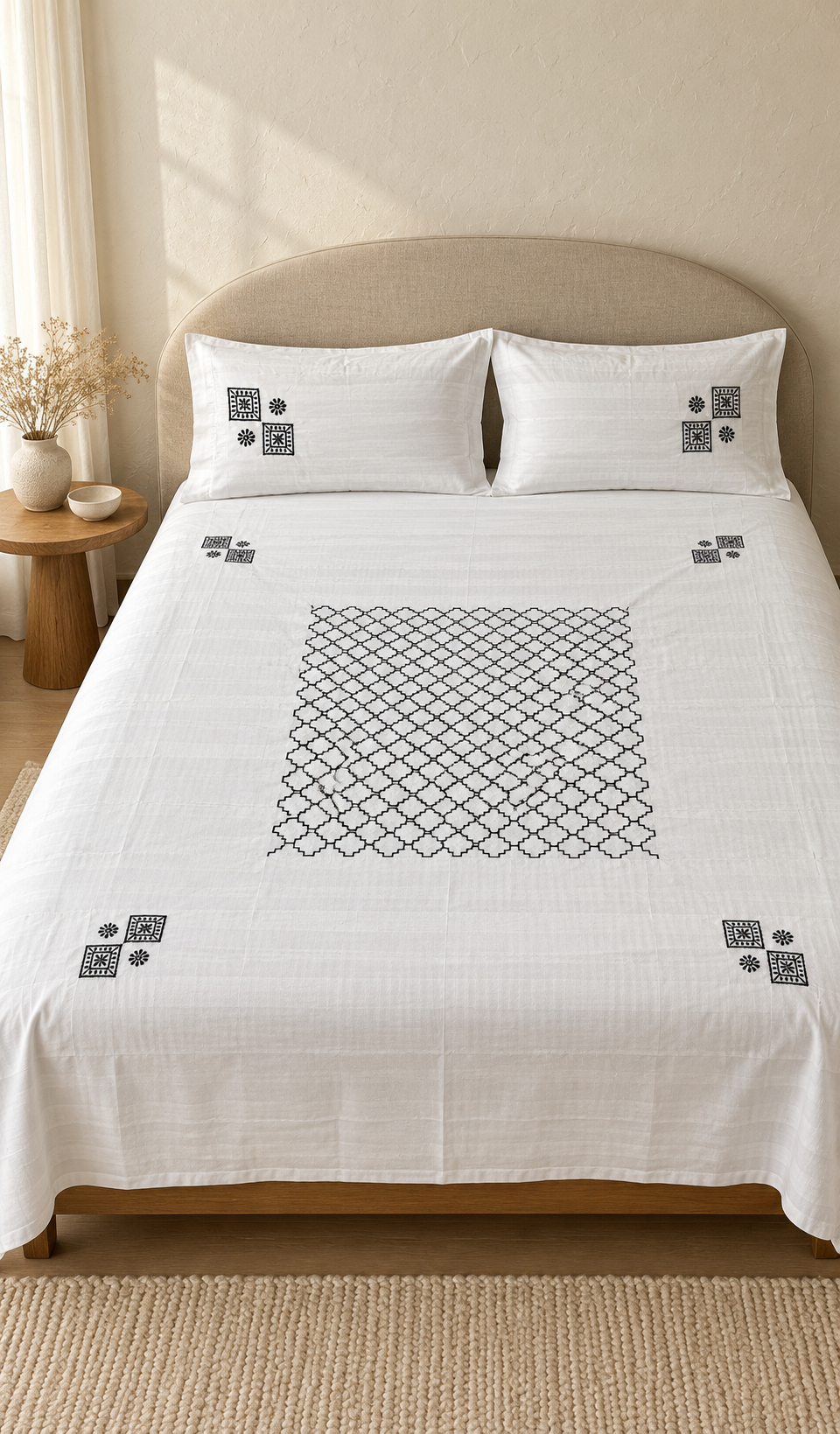 Lakhnavi Handcrafted Cotton Chikankari Bedsheet Set - HONC0394517