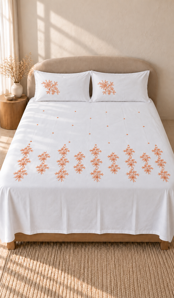 Lakhnavi Handcrafted Cotton Chikankari Bedsheet Set - HONC0379442