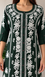 Women's Lucknowi Handcrafted Dark Green Linen Cotton Chikankari Kurti - HONC011149