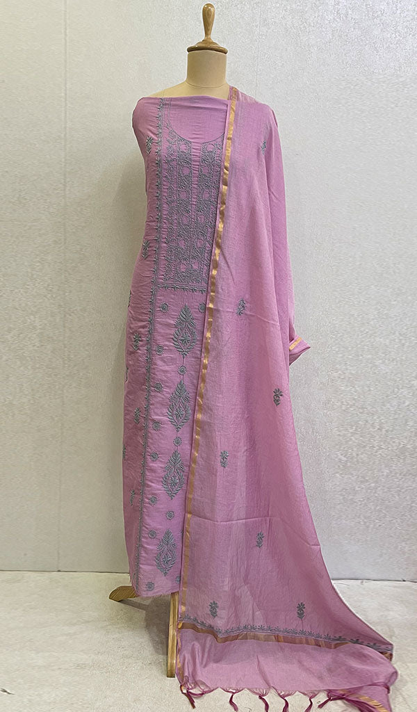 Women's Lakhnavi Handcrafted Chanderi Silk Chikankari Kurta Dupatta Set- HONC0112123