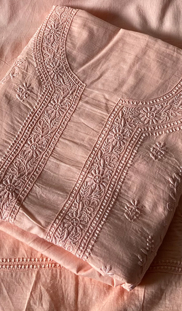 Women's Lakhnavi Handcrafted Unstitched Cotton Chikankari Kurta Dupatta Set - HONC0362876