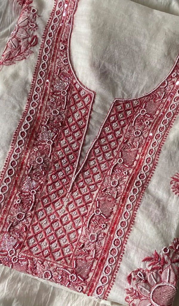 Women's Lakhnavi Handcrafted Mul Chanderi Unstitched Kurta And Dupatta Set - HONC0369369