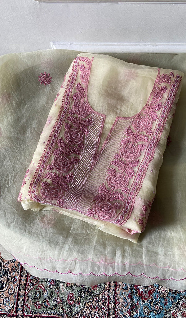 Women's Lakhnavi Handcrafted Pure Organza Chikankari Unstitched Kurta And Dupatta Set- HONC0361461