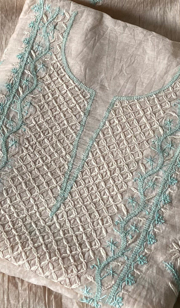 Women's Lakhnavi Handcrafted Mul Chanderi Unstitched Chikankari Full Suit Material - HONC0369252