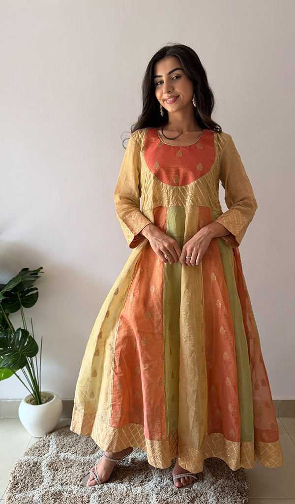 Women's Lakhnavi Handcrafted Tissue Chanderi Silk  Chikankari Stitched Anarkali , Dupatta And Pant Set - HONC0336837