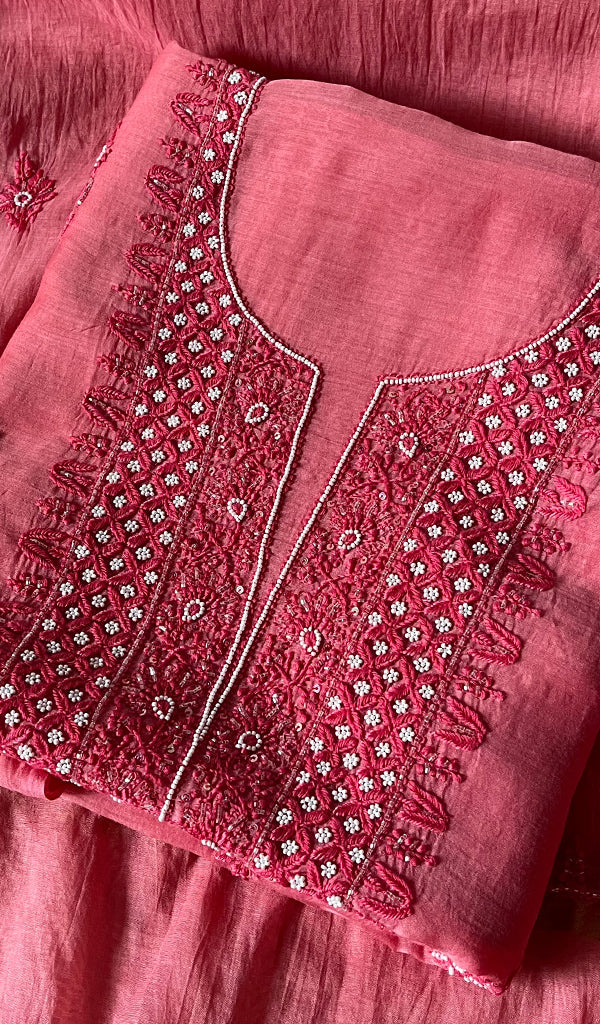 Women's Lucknowi Handcrafted Chanderi Silk Chikankari Full Suit Material - HONC0260956