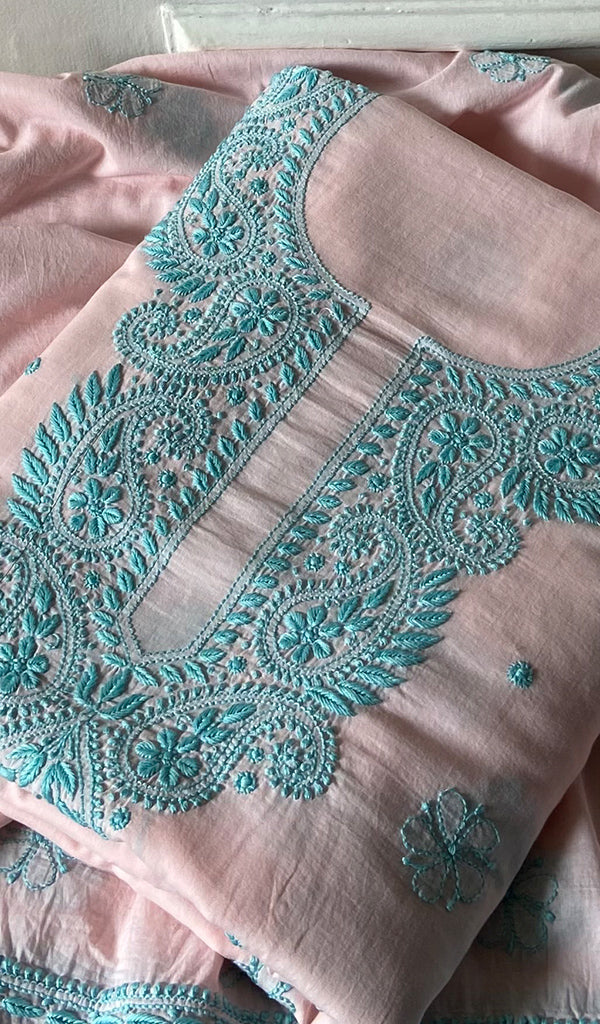 Women's Lakhnavi Handcrafted Cotton Unstitched Chikankari Kurta Dupatta Set - HONC0358179