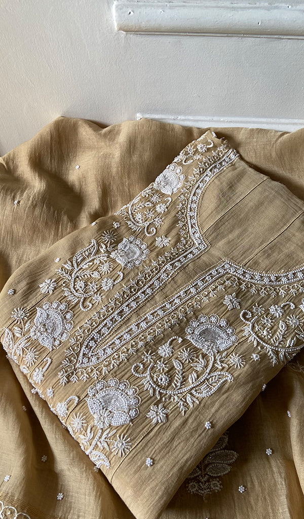 Basma Women's Lucknowi Handcrafted Mul Chanderi Semi - stitched Chikankari Anarkali Full Set - HONC0355632