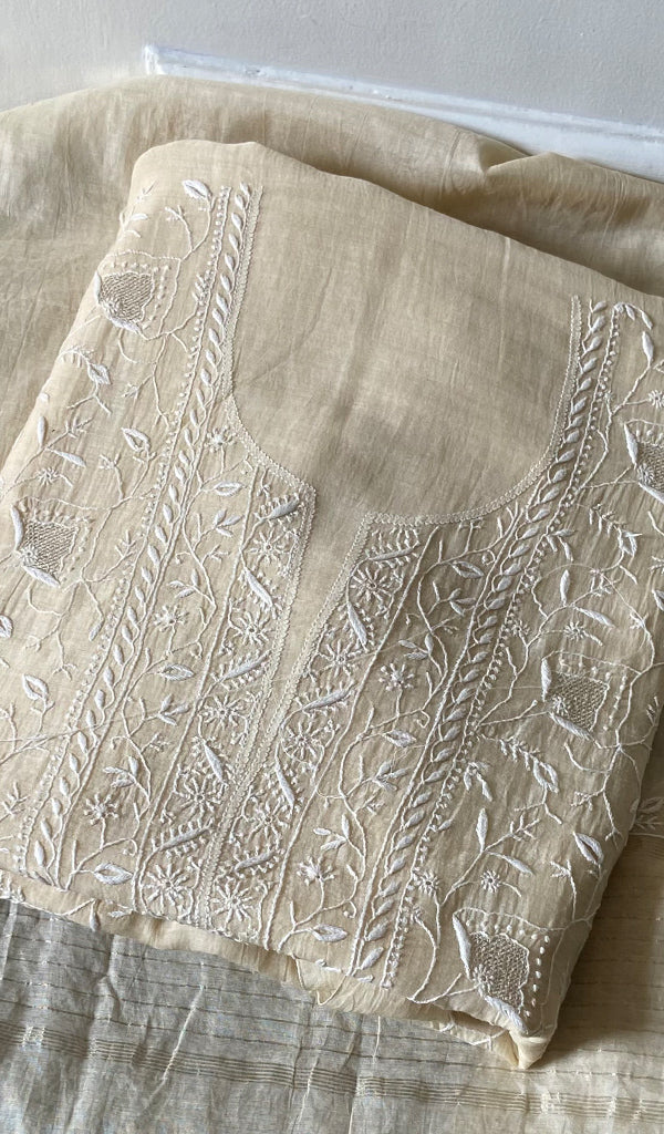 Women's Lakhnavi Handcrafted Mul Chanderi Unstitched Chikankari Full Suit - HONC0370550