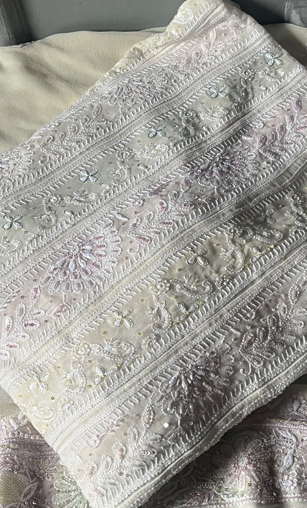 Women's Lakhnavi Handcrafted Pure Silk Georgette Chikankari Anarkali and Dupatta set - HONC0283158