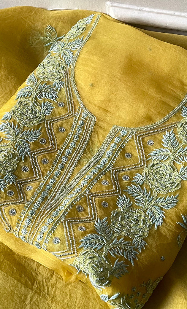 Women's Lakhnavi Handcrafted Pure Organza Chikankari Unstitched Kurta And Dupatta Set- HONC0318668