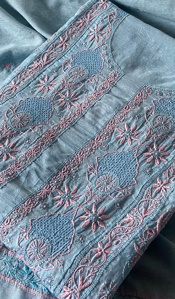 Women's Lucknowi Handcrafted Semi -Stitched Chanderi Silk Chikankari Full Suit Material - HONC0269962