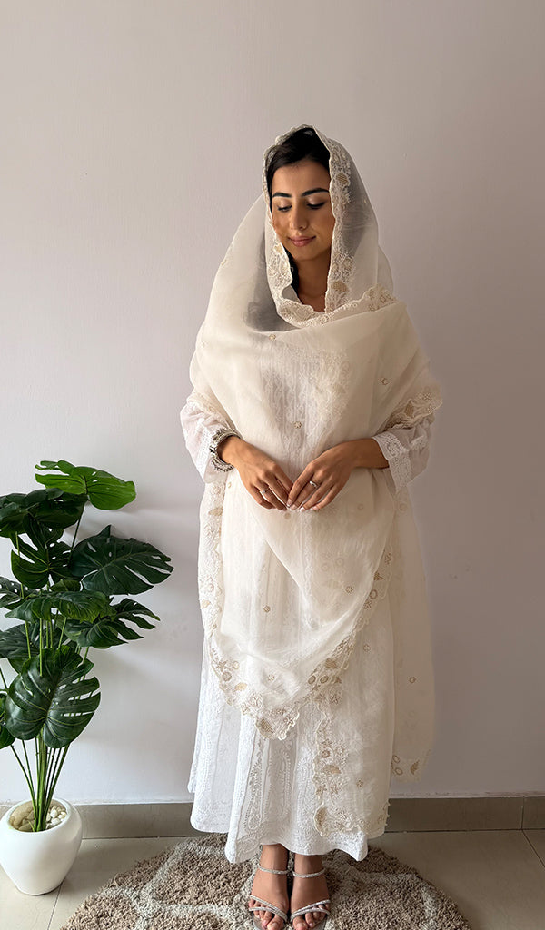 Women's Lucknowi Handcrafted Pure Organza Silk Chikankari Dupatta - HONC0380139