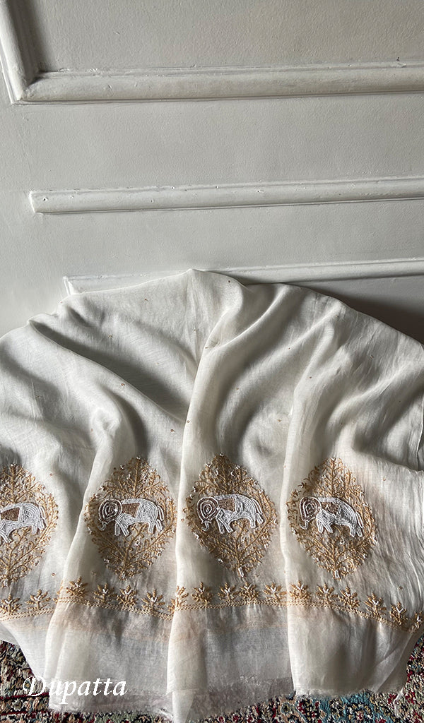 Haathi Women's Lakhnavi Handcrafted Mul Chanderi Unstitched Kurta And Dupatta Set - HONC0317803