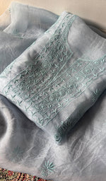 将图像加载到图库查看器中， Women's Lakhnavi Handcrafted Pure Organza Silk Chikankari Unstitched Full Suit Material - HONC0365704