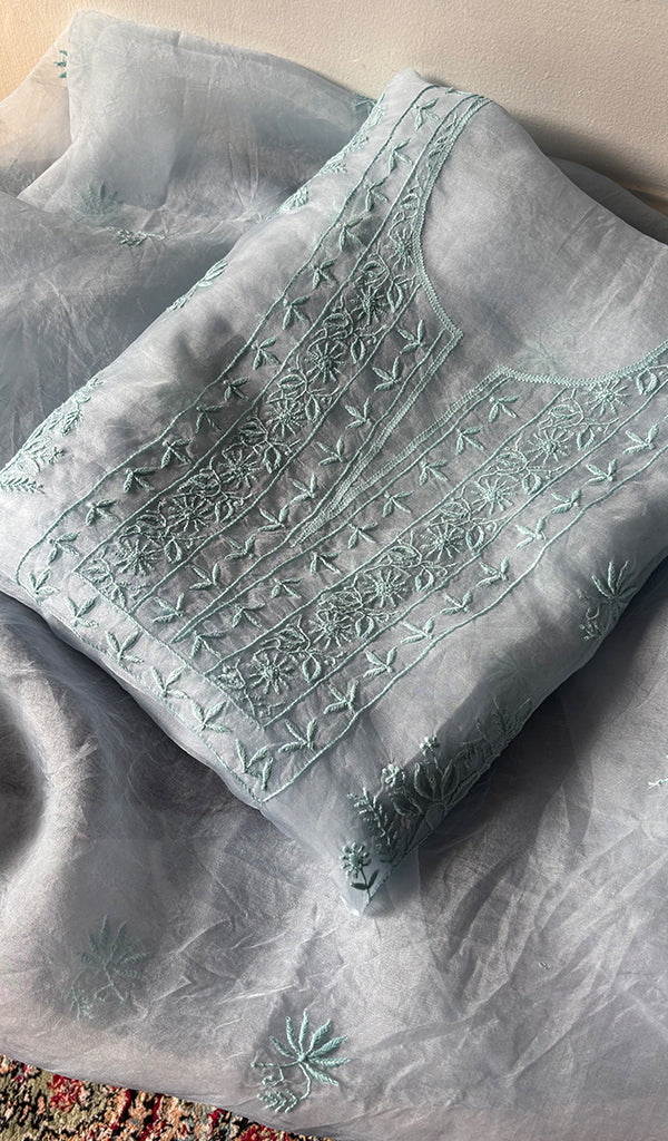 Women's Lakhnavi Handcrafted Pure Organza Silk Chikankari Unstitched Full Suit Material - HONC0365704