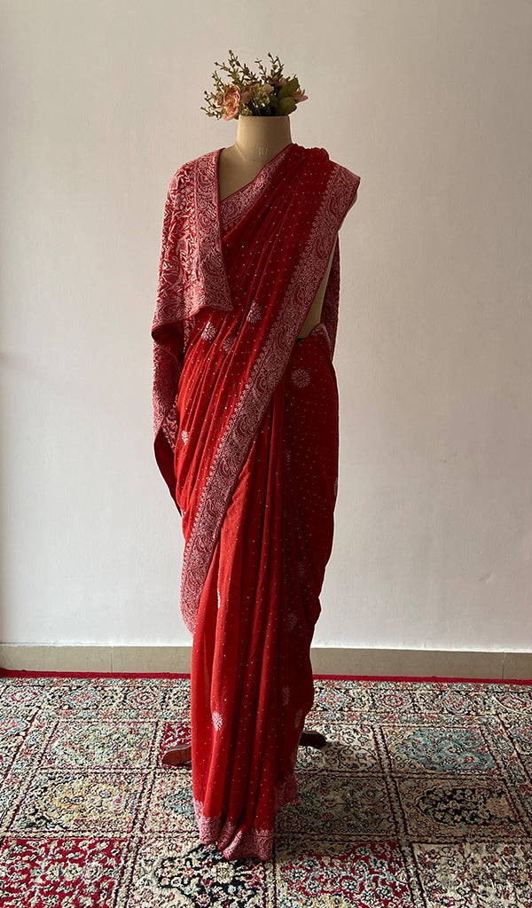 Red Pure Silk Georgette Chikankari Saree
