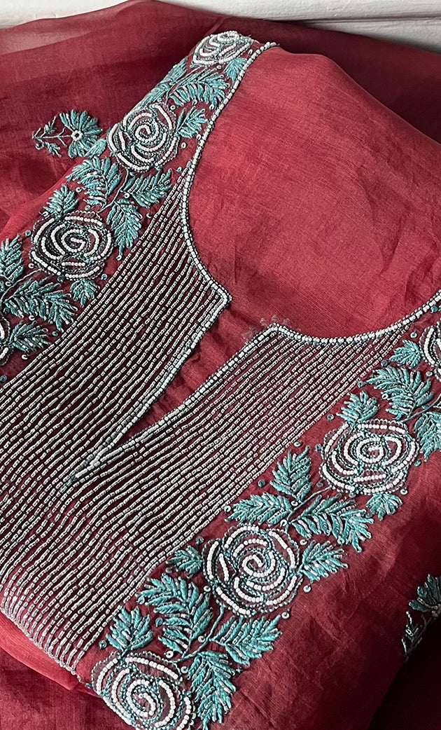 Gulaab Women's Lakhnavi Handcrafted Pure Organza Chikankari Unstitched Kurta And Dupatta Set- HONC0288593