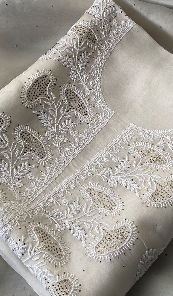 Women's Lakhnavi Handcrafted Pure Organza Chikankari Unstitched Kurta And Dupatta Set- HONC0359777