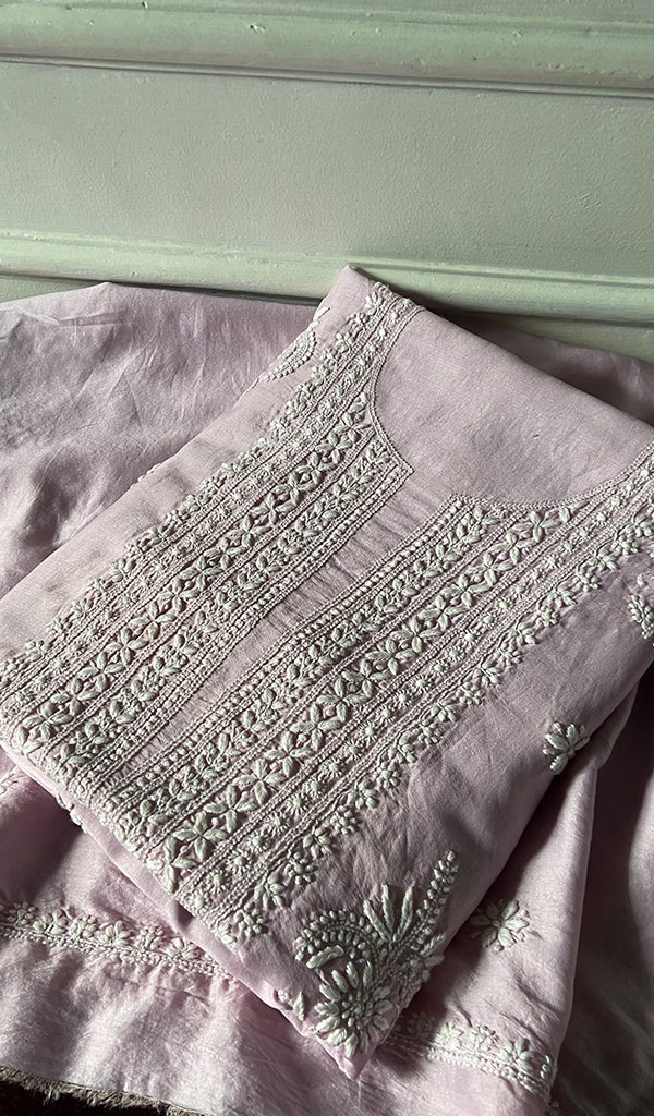 Women's Lakhnavi Handcrafted Chanderi Silk Unstitched Chikankari Full Suit - HONC0340146