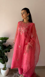 将图像加载到图库查看器中， Women's Lucknowi Handcrafted Pure Organza Silk Stitched Chikankari Kurta, Dupatta With Pant Set- HONC0362245