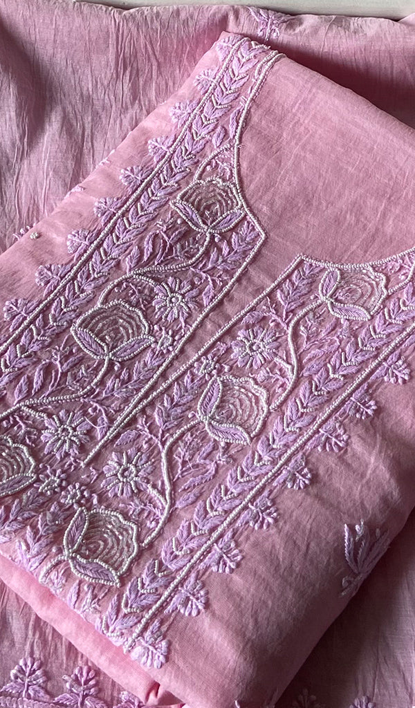 Women's Lakhnavi Handcrafted Chanderi Silk Unstitched Chikankari Full Suit - HONC0344631
