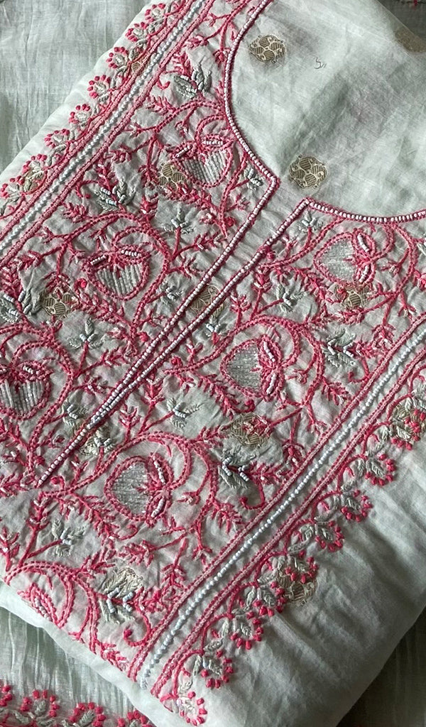Women's Lakhnavi Handcrafted Mul Chanderi Unstitched Chikankari Full Suit - HONC03522040